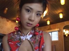 Slutty oriental hoe Aki Hoshino puts on traditional Asian dress