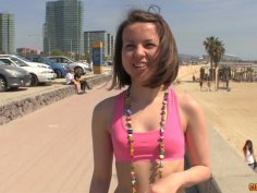 Adorable teen chick flashes her tits in a public place